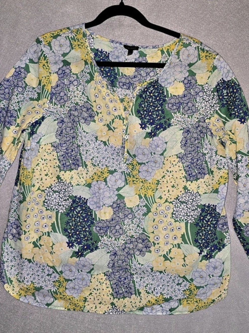 Talbots Floral Cotton Blouse in Green & Blue Size Large Bubble Long Sleeve Light